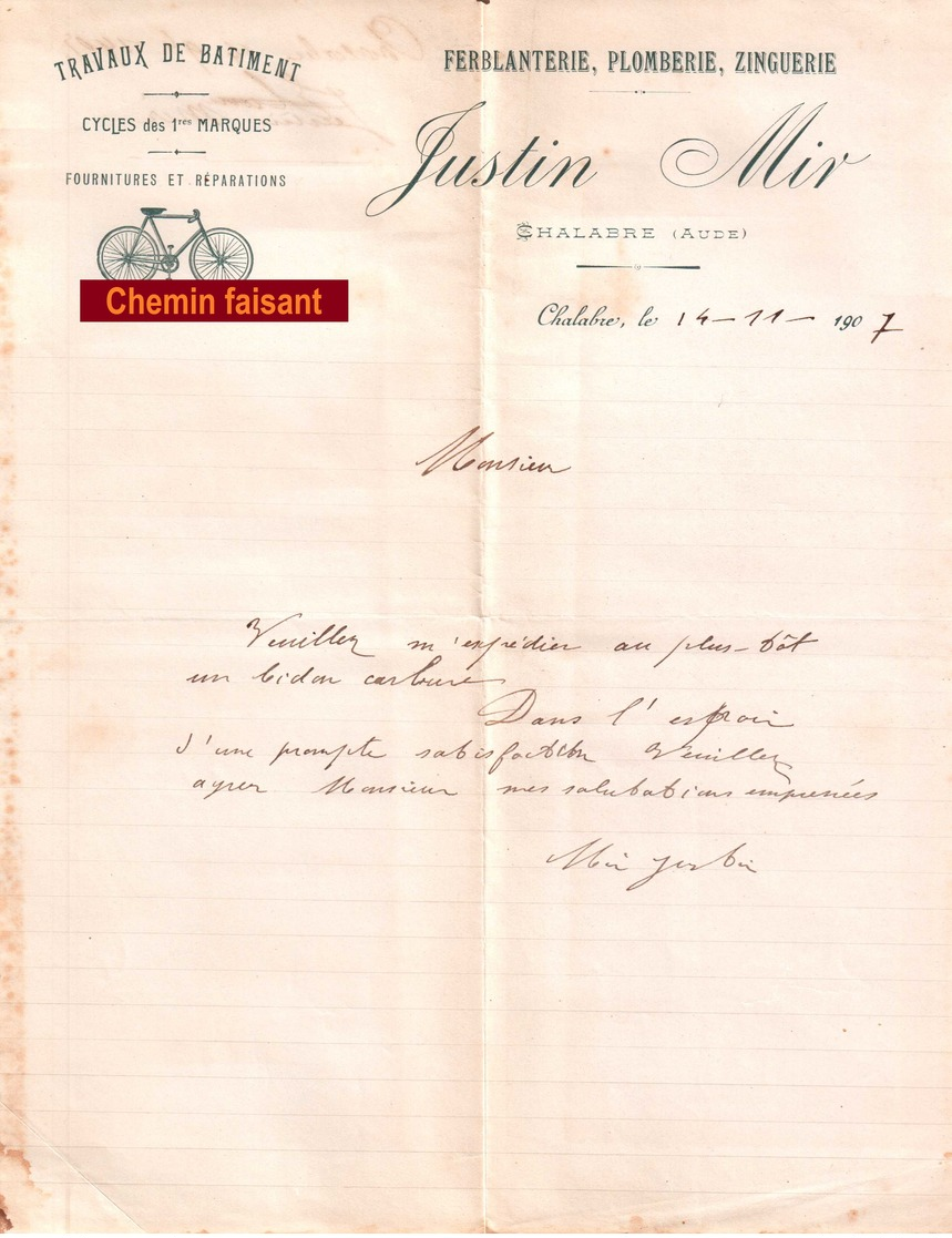 Document Du 14/11/1907 JUSTIN MIR Travaux Bâtiment, Cycles - Chalabre 11 - 1900 – 1949