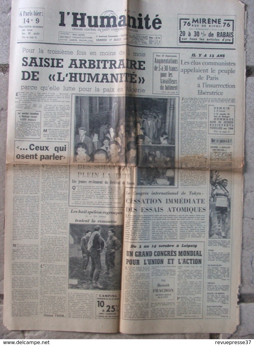 Journal L'Humanité (17 Août 1957) Saisie De L'Humanité - Affaire Alleg - - 1950 à Nos Jours