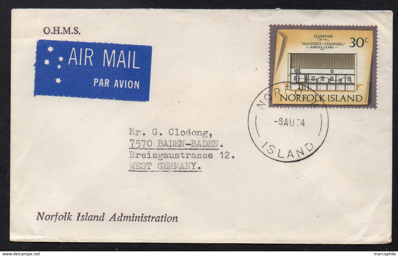 ILE NORFOLK ISLAND / 1974 LETTRE OFFICIELLE PAR AVION POUR L'ALLEMAGNE - OHMS (ref LE2817) - Ile Norfolk