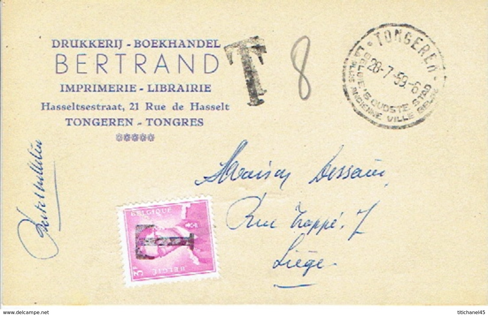 Postkaart Publicitaire (BERTRAND Drukkerij) Met Stempel 28-7-59 TONGEREN Getaxeerd  Met Zegel 1067 + Griffe T - Lettres & Documents