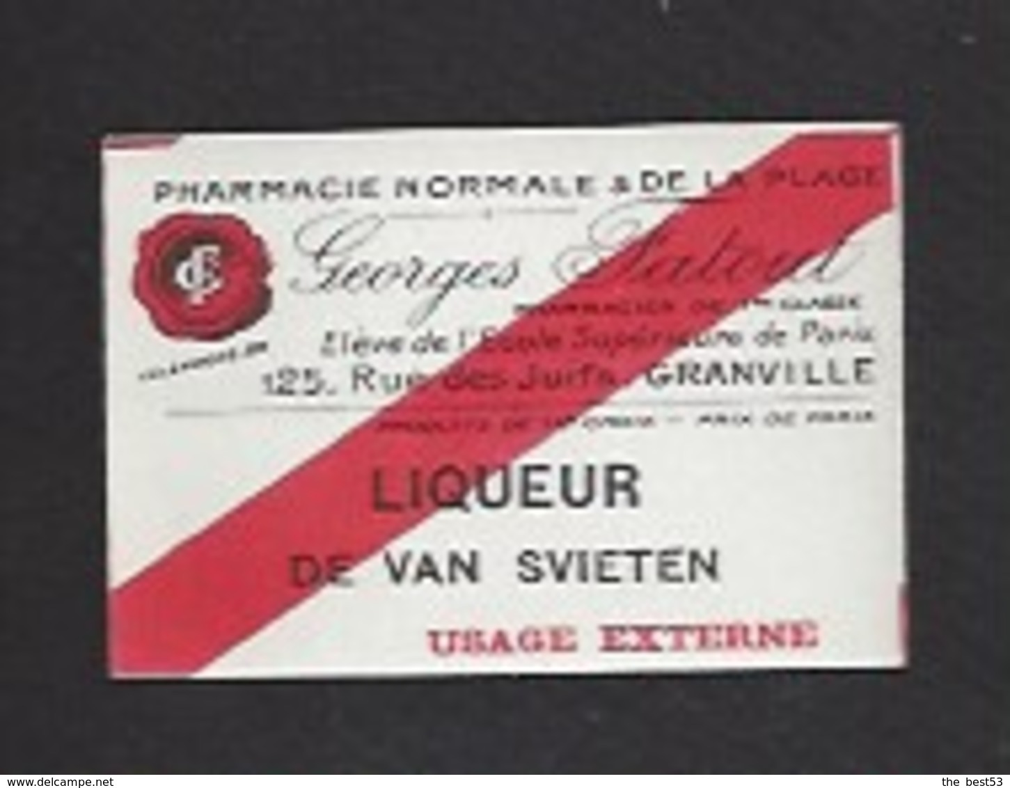 Etiquette De Liqueur De Van Svieten-  Pharmacie Georges Fatout  à Granville  (50) - Autres & Non Classés