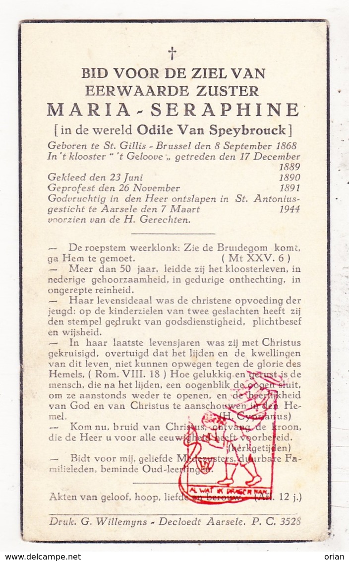 DP EZ Odile Van Speybrouck - Zr. Seraphine ° Sint-Gillis Brussel 1868 † Aarsele Tielt 1944 / Klooster 't Geloove - Images Religieuses