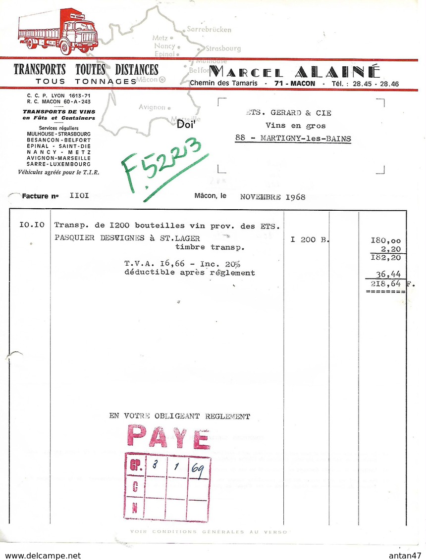 Facture 1968 / 71 MACON / M. ALAINE / Transports Camion Toutes Distances / Transports De Vins - 1950 - ...