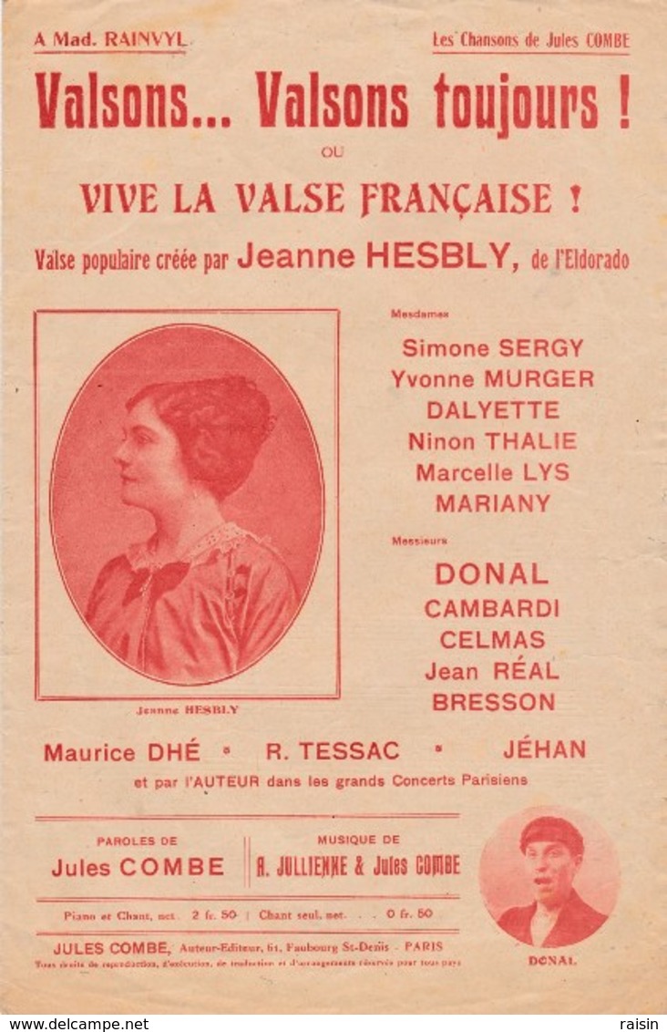 Valsons...Valsons Toujours,valse Populaire Créée Par Jeanne Hesbly Paroles Jules Combe Musique H.Julienne J.Combe  Donal - Partitions Musicales Anciennes