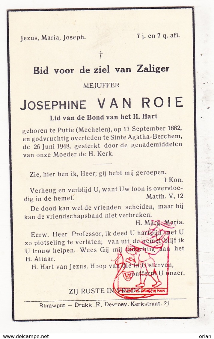 DP Josephine Van Roie ° Putte (Arr. Mechelen) 1882 † Sint-Agatha-Berchem 1948 - Images Religieuses