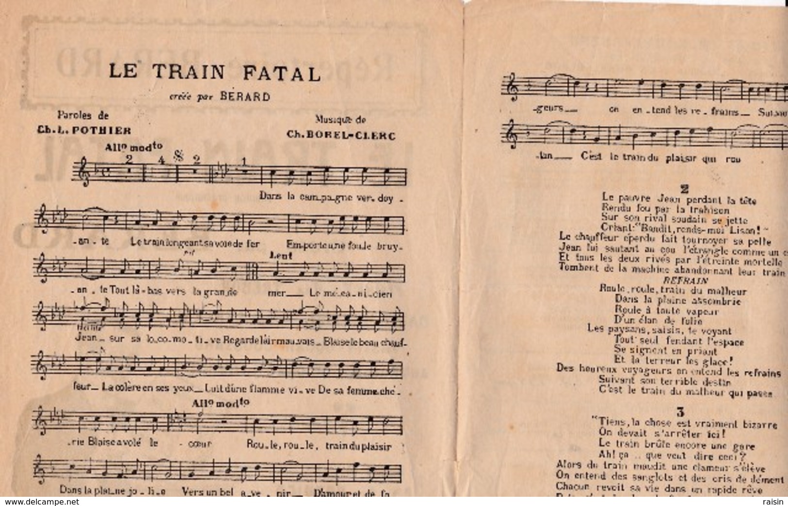 Le Train Fatal  Créée Par Bérard Chanson Dramatique  Paroles Ch.L. Pothiermusique Ch.Borel-Clerc 1918 état Moyen - Partitions Musicales Anciennes