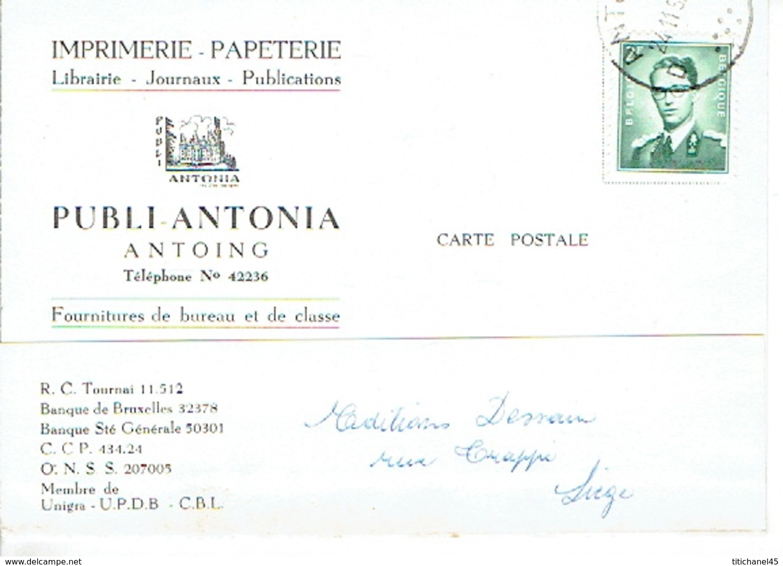 CP Publicitaire ANTOING 1959 - PUBLI-ANTONIA - Imprimerie  - Papeterie - Librairie - Publications -Fournitures De Bureau - Antoing