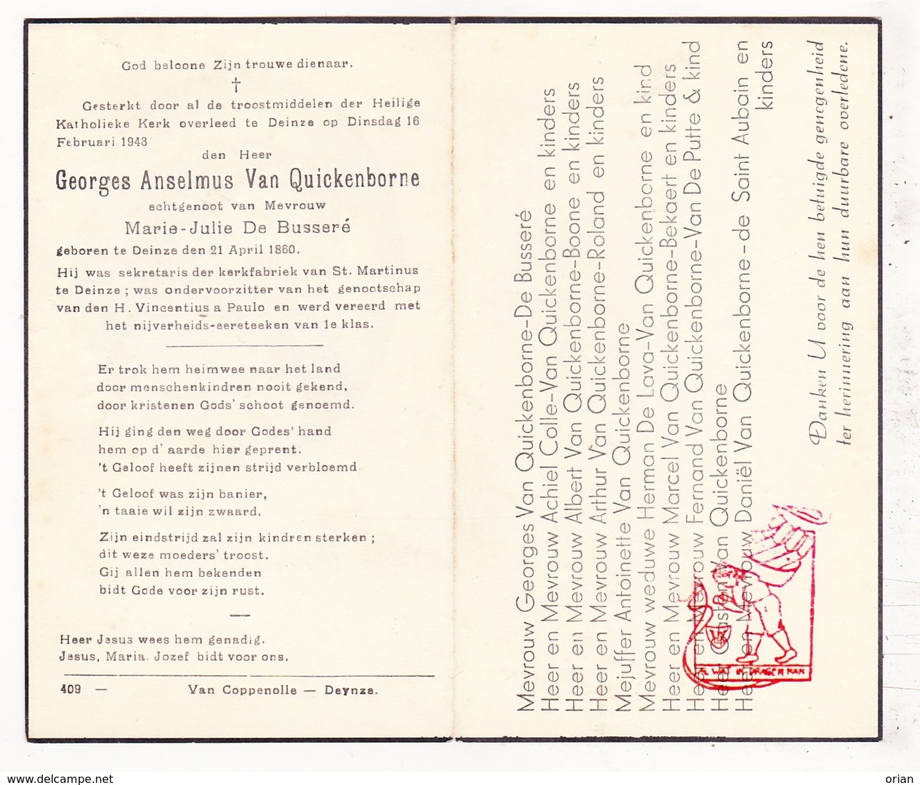 DP Georges Van Quickenborne ° Deinze 1860 † 1943 X Marie J. De Busseré / Colle Boone Roland De Lava Bekaert De St Aubain - Images Religieuses