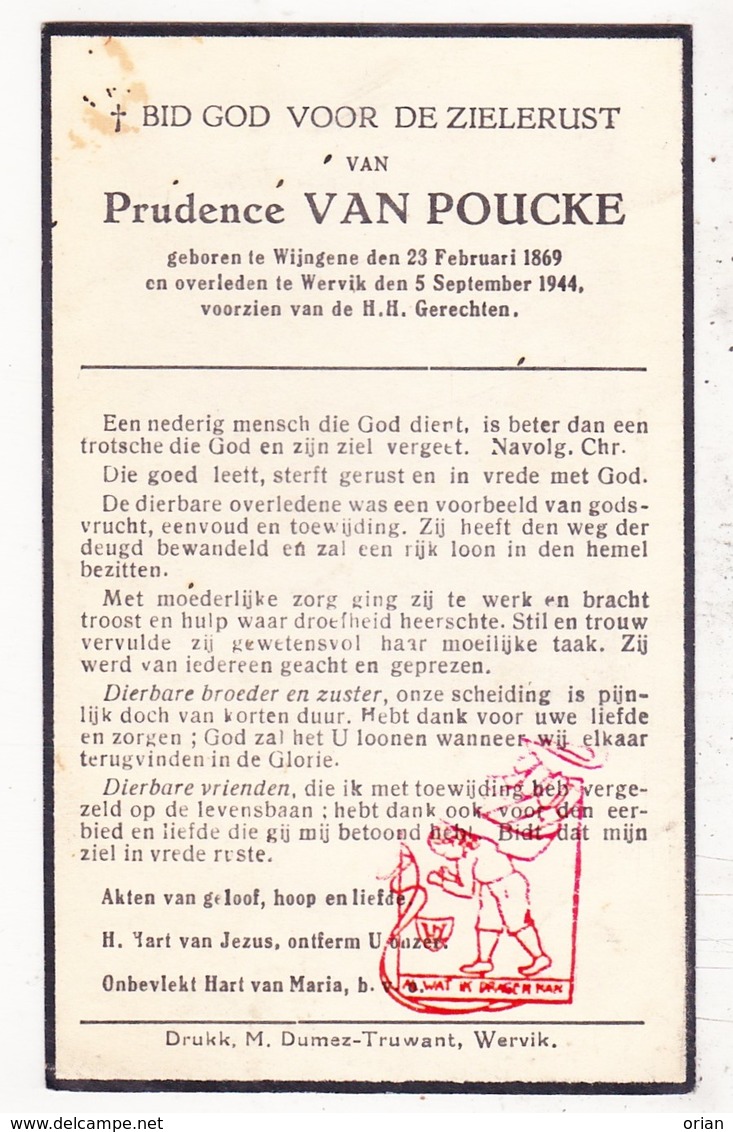 DP Prudence Van Poucke ° Wingene 1869 † Wervik 1944 - Images Religieuses