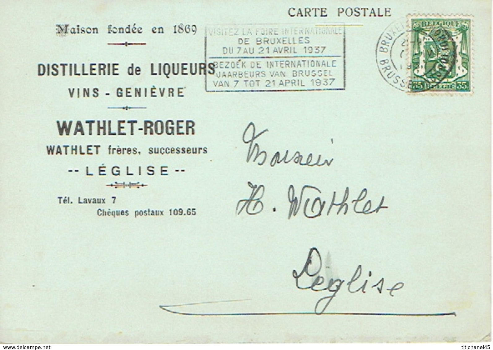 CP Publicitaire LEGLISE 1937 - WATHLET-ROGER - Distillerie De Liqueurs - Vins - Genièvre - Leglise