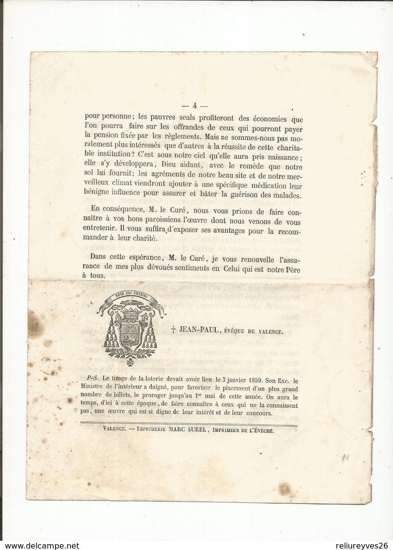 N°12 ,Circulaire De Monseigneur, L' Evêque De Valence P. Chatrouse ,Au Sujet De L'asile Qu'on élève Au Tain ..20/02/1859 - Documents Historiques