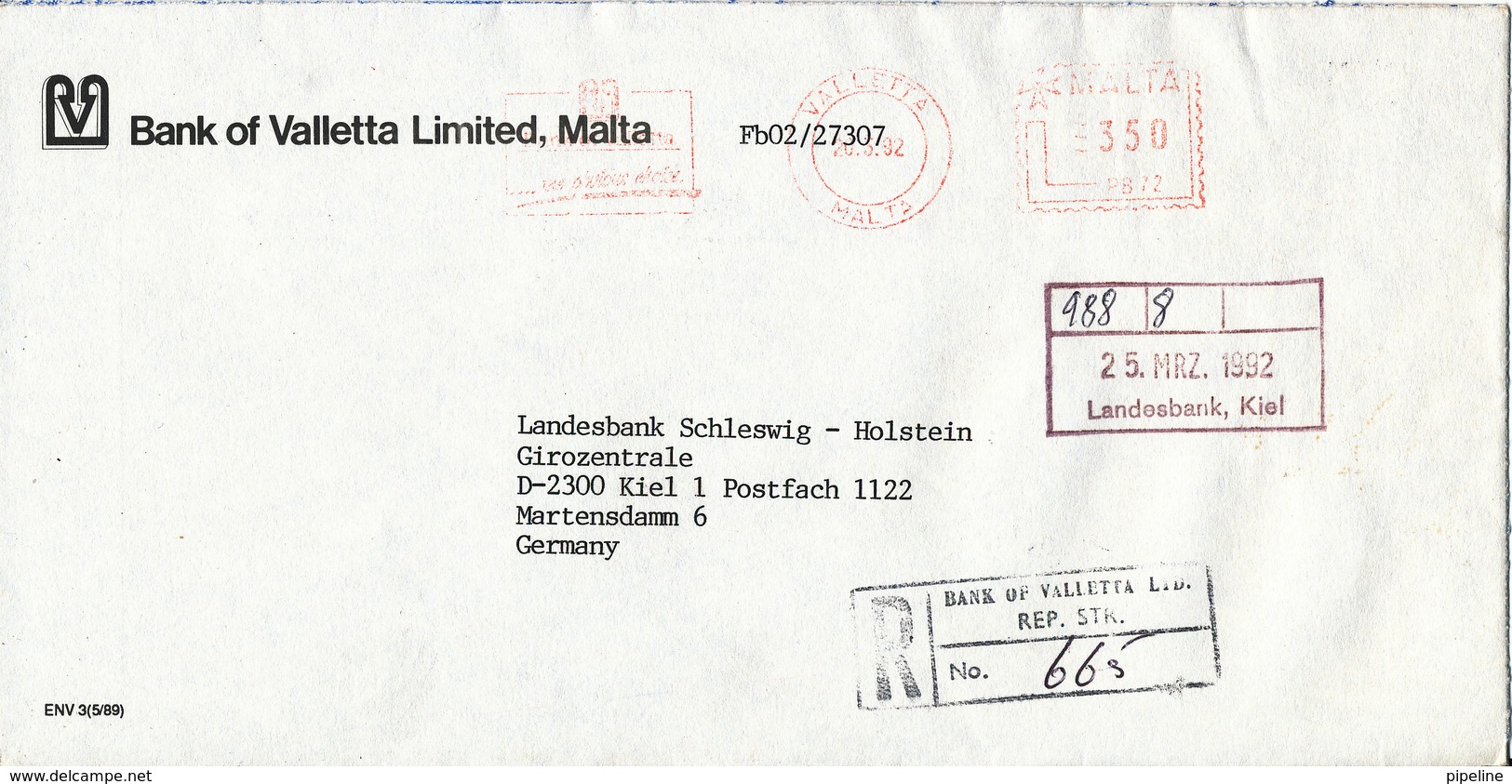 Malta Registered Bank Cover With Meter Cancel Sent To Germany Valetta 20-3-1992 - Malta