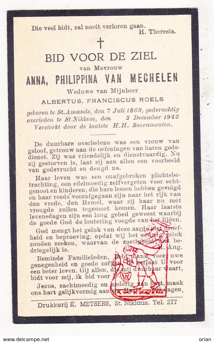 DP Anna P. Van Mechelen ° Sint-Amands 1869 † St.-Niklaas 1942 X A. Roels - Images Religieuses