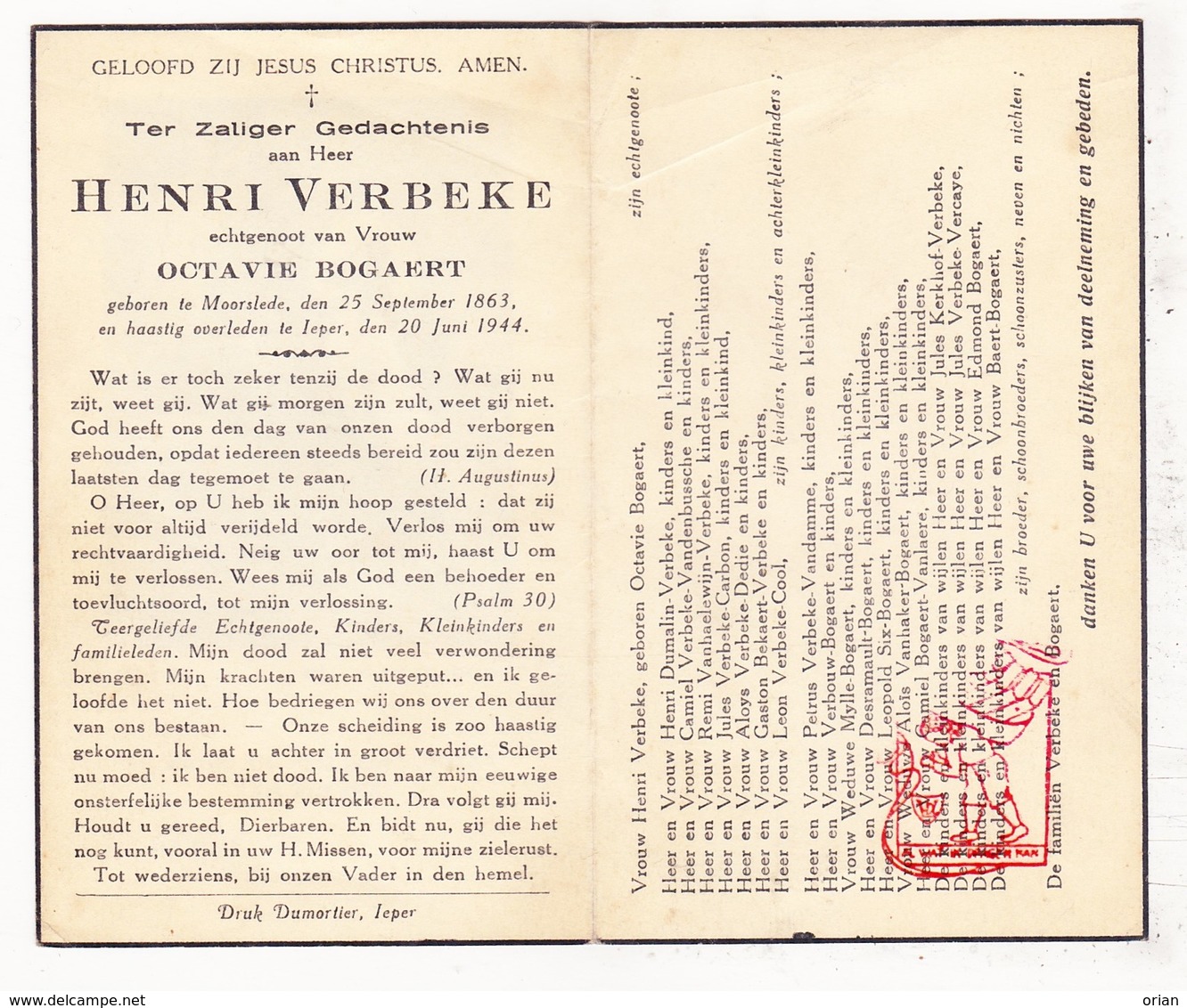 DP Henri Verbeke ° Moorslede 1863 † Ieper 1944 X Oct. Bogaert / Dumalin Carbon Cool Dedie VanDamme Verbouw Mylle Six - Images Religieuses