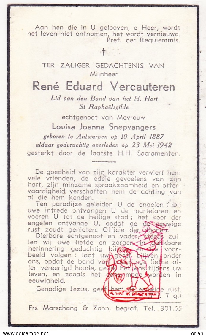 DP René Ed. VerCauteren ° Antwerpen 1887 † 1942 X Louisa J. Snepvangers - Images Religieuses