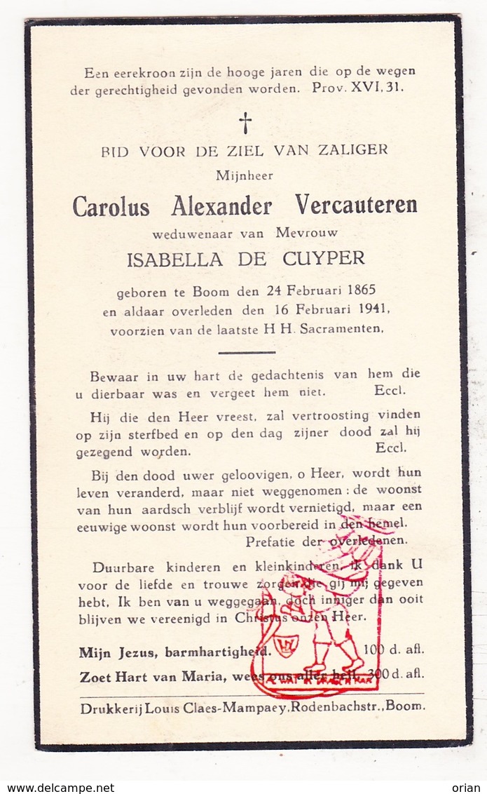 DP Carolus A. VerCauteren ° Boom 1865 † 1941 X I. De Cuyper - Images Religieuses