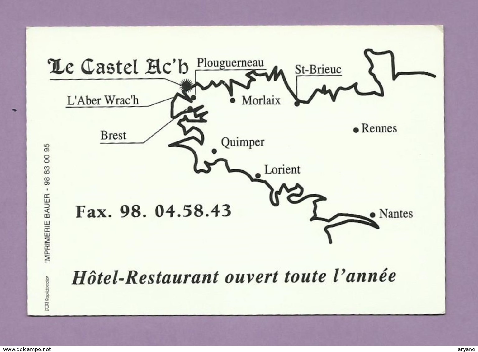 1792 - CARTE DE VISITE - Hôtel Restaurant LE CASTEL AC'H - 29 PLOUGUERNEAU - 2 - Cartes De Visite