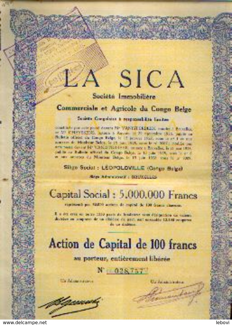 (LEOPOLDVILLE) « La SICA Société Immobilière, Commerciale Et Agricole Du Congo Belge SA » - Capital : 5.000.000 Fr ---> - Afrika