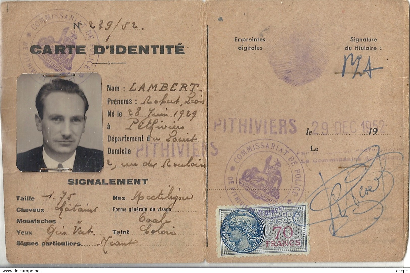 Carte D'Identité Lambert Robert Léon 1952 - Autres & Non Classés