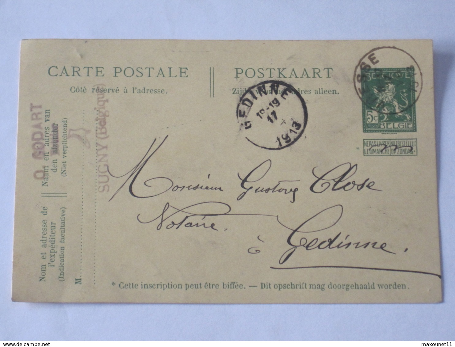 Entier Postal Envoyé De Sugny - Vresse Vers Gedinne En 1913 ... Lot7 . - Cartes Postales 1909-1934