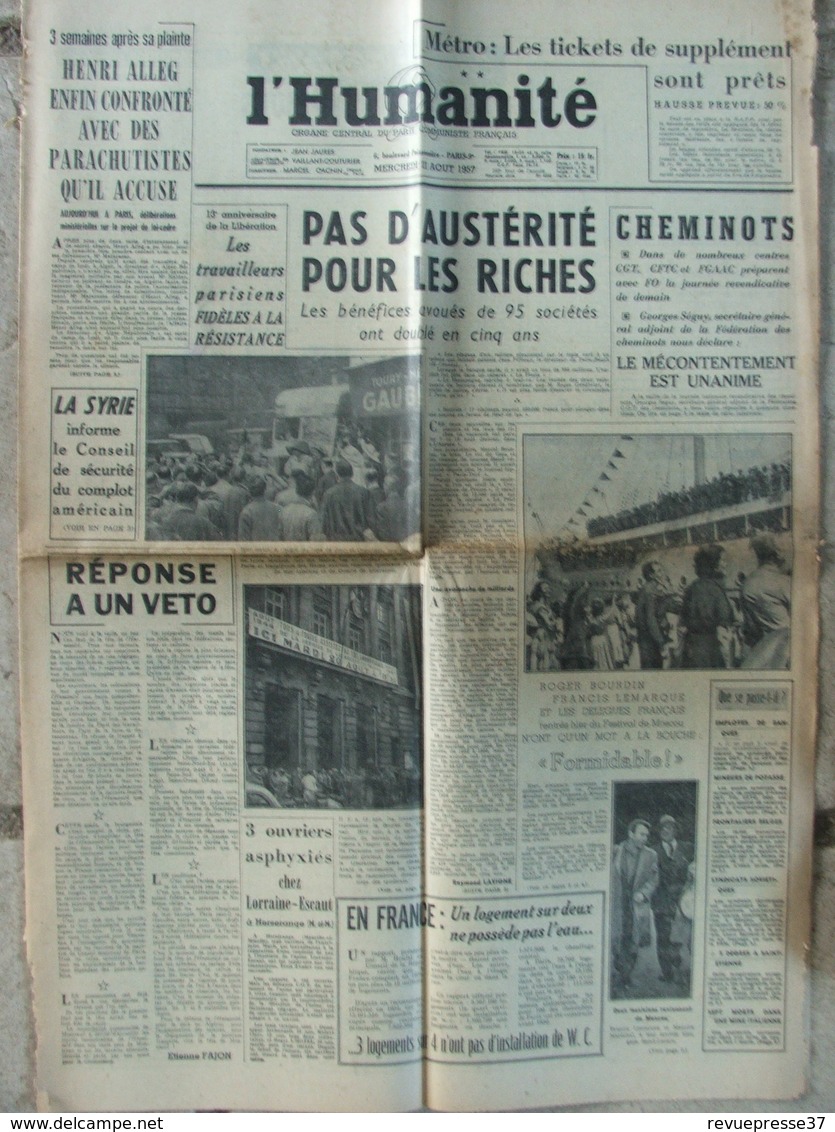 Journal L'Humanité (21 Août 1957) Pas D'austérité Pour Les Riches - H Alleg - Logements Insalubres - 1950 - Today