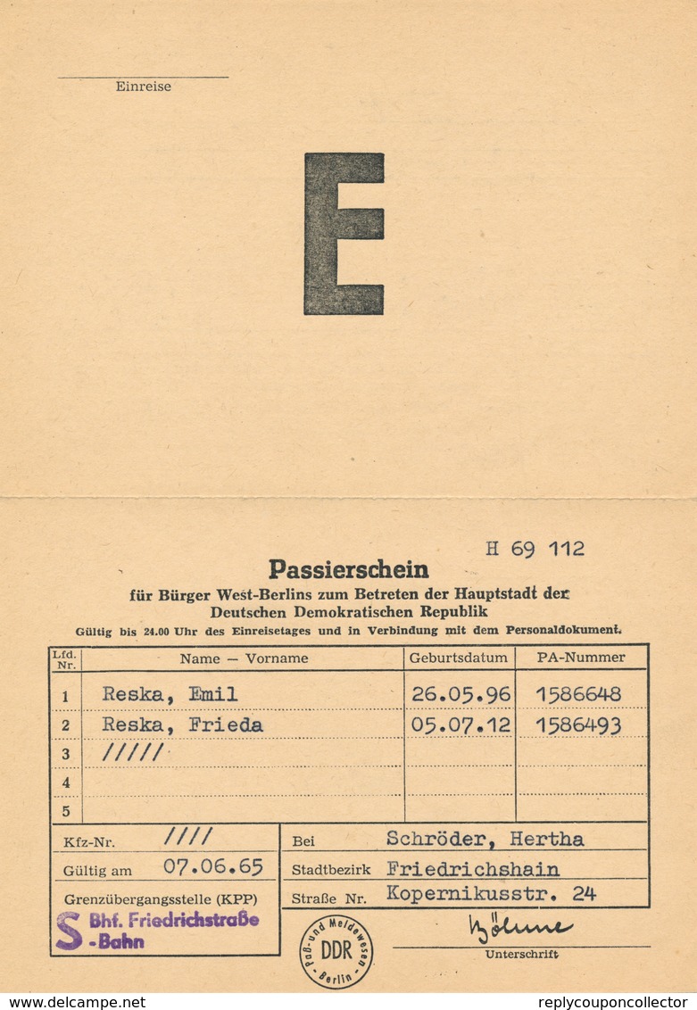 BERLIN - 1965 , Passierschein Für West-Berliner Zum Betreten Von Ost-Berlin - Historische Dokumente