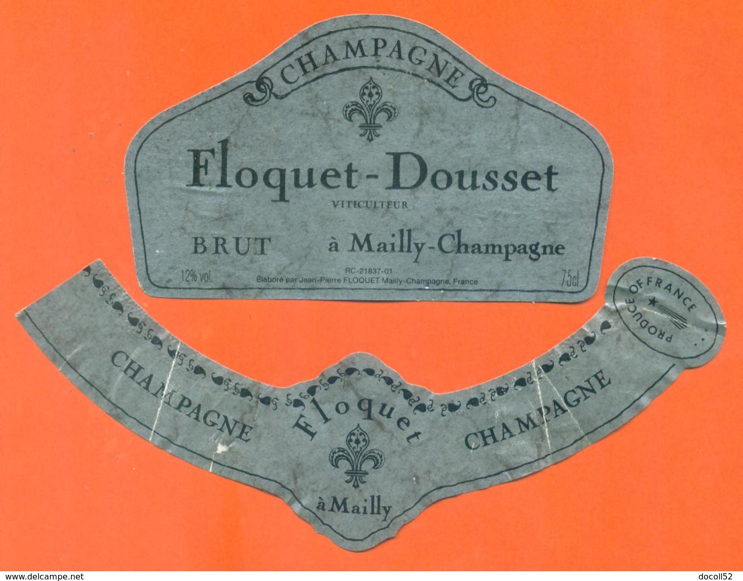 étiquette + Collerette De Champagne Brut Floquet Doussete à Mailly Champagne - 75 Cl - Champagne