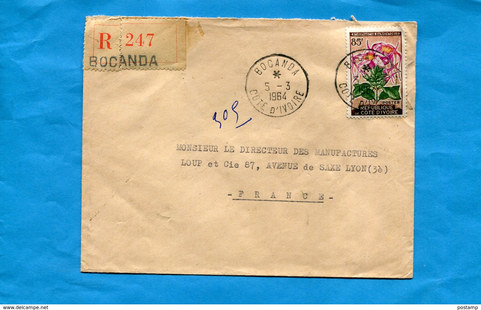 MARCOPHILIE- Cote D'ivoire-lettre REC>Françe Cad BOCANDA-1964-stamp N°198 Flower-fleur-strophantus  Bovins - Côte D'Ivoire (1960-...)
