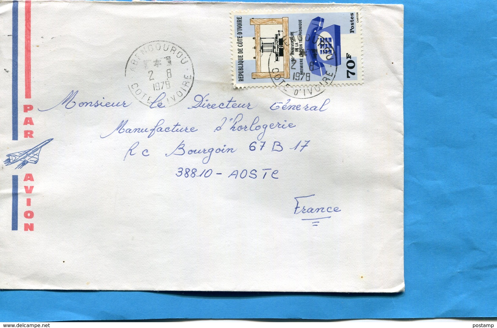 MARCOPHILIE- Cote D'ivoire-lettre >Françe Cad Abengourou -1978 Stamp N°402 Anniv 1ère Liaison Téléphonique - Côte D'Ivoire (1960-...)