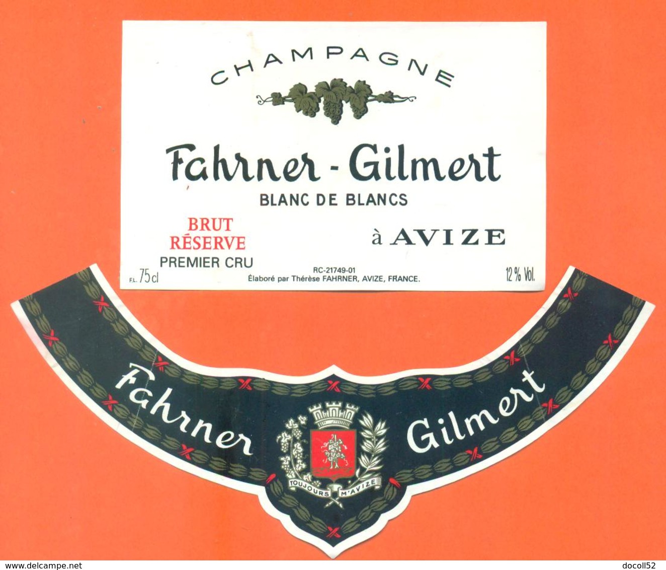 étiquette + Collerette De Champagne Brut Fahrner Gilmert à Avize - 75 Cl - Champagne