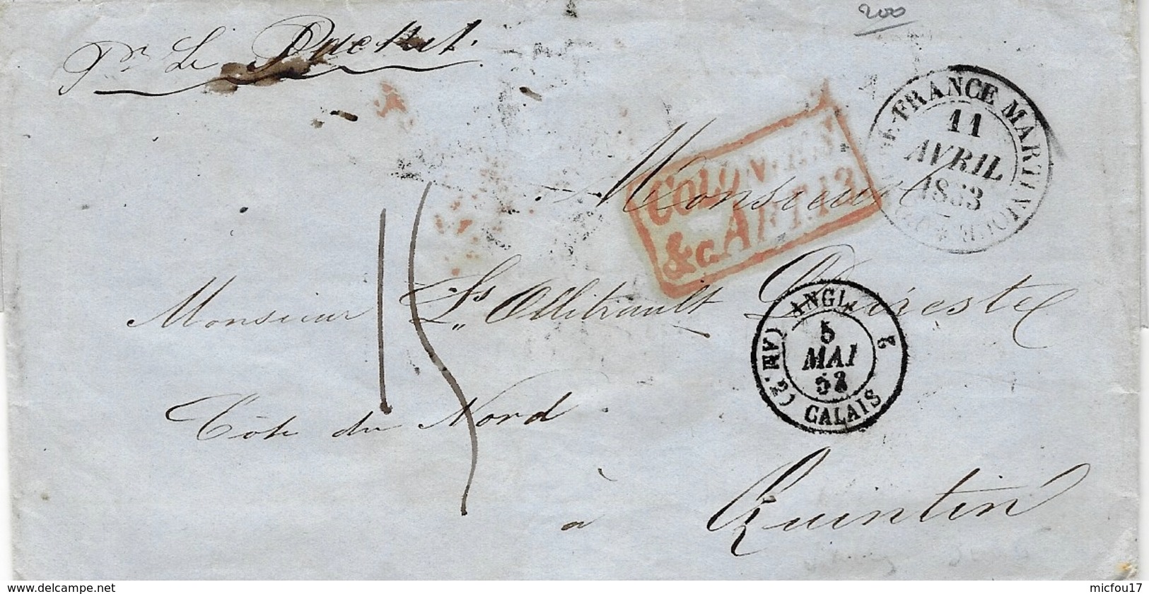 1856- Lettre De New York Pour Nantes  Par Le " Canada "  Entrée ANGL. 2 CALAIS 2  Rouge - 1849-1876: Classic Period