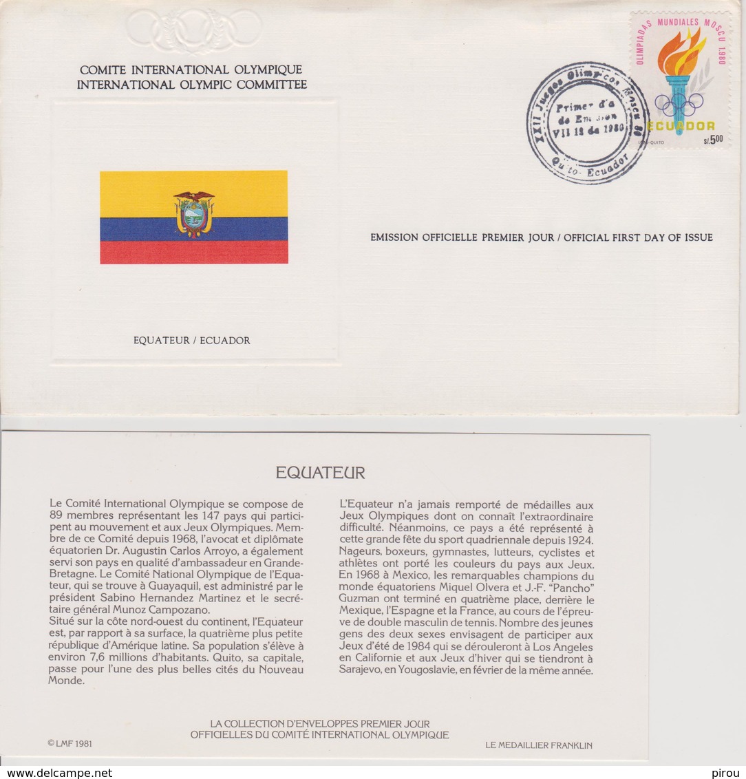 FDC EQUATEUR COMITE INTERNATIONAL OLYMPIQUE 1980 " JO De MOSCOU " - Autres & Non Classés