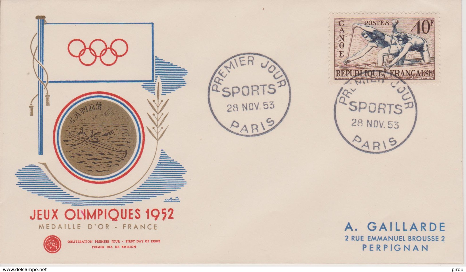 FDC FRANCE JEUX OLYMPIQUES D'HELSINKI 1952 CANOE KAYAK - Ete 1952: Helsinki