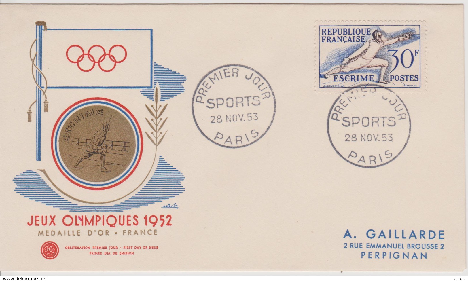 FDC FRANCE JEUX OLYMPIQUES D'HELSINKI 1952 ESCRIME - Ete 1952: Helsinki