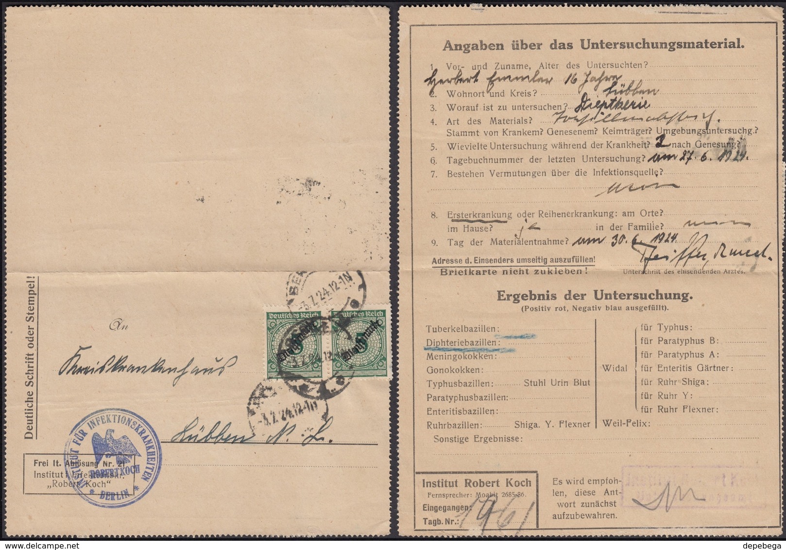 Germany - Dienstsache, Institut Fur Infectioskranheiten - Robert Koch. MiNr. 100 MeF. BERLIN 3.7.1924. - Lettres & Documents