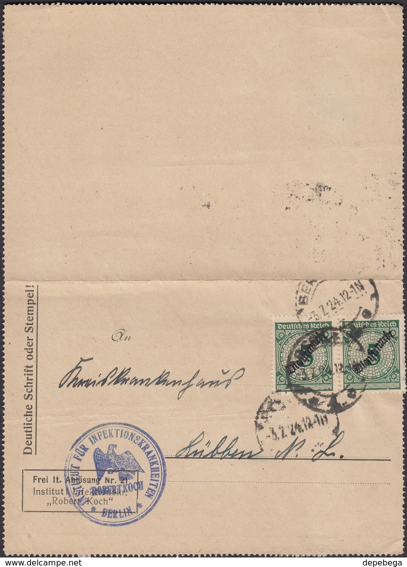 Germany - Dienstsache, Institut Fur Infectioskranheiten - Robert Koch. MiNr. 100 MeF. BERLIN 3.7.1924. - Lettres & Documents