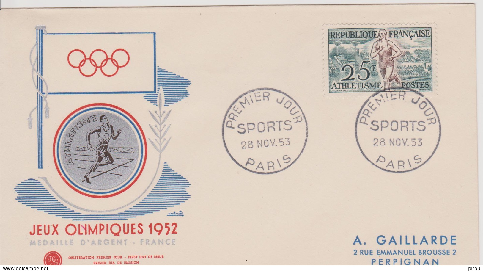 FDC FRANCE JEUX OLYMPIQUES D'HELSINKI 1952 ATHLETISME - Ete 1952: Helsinki