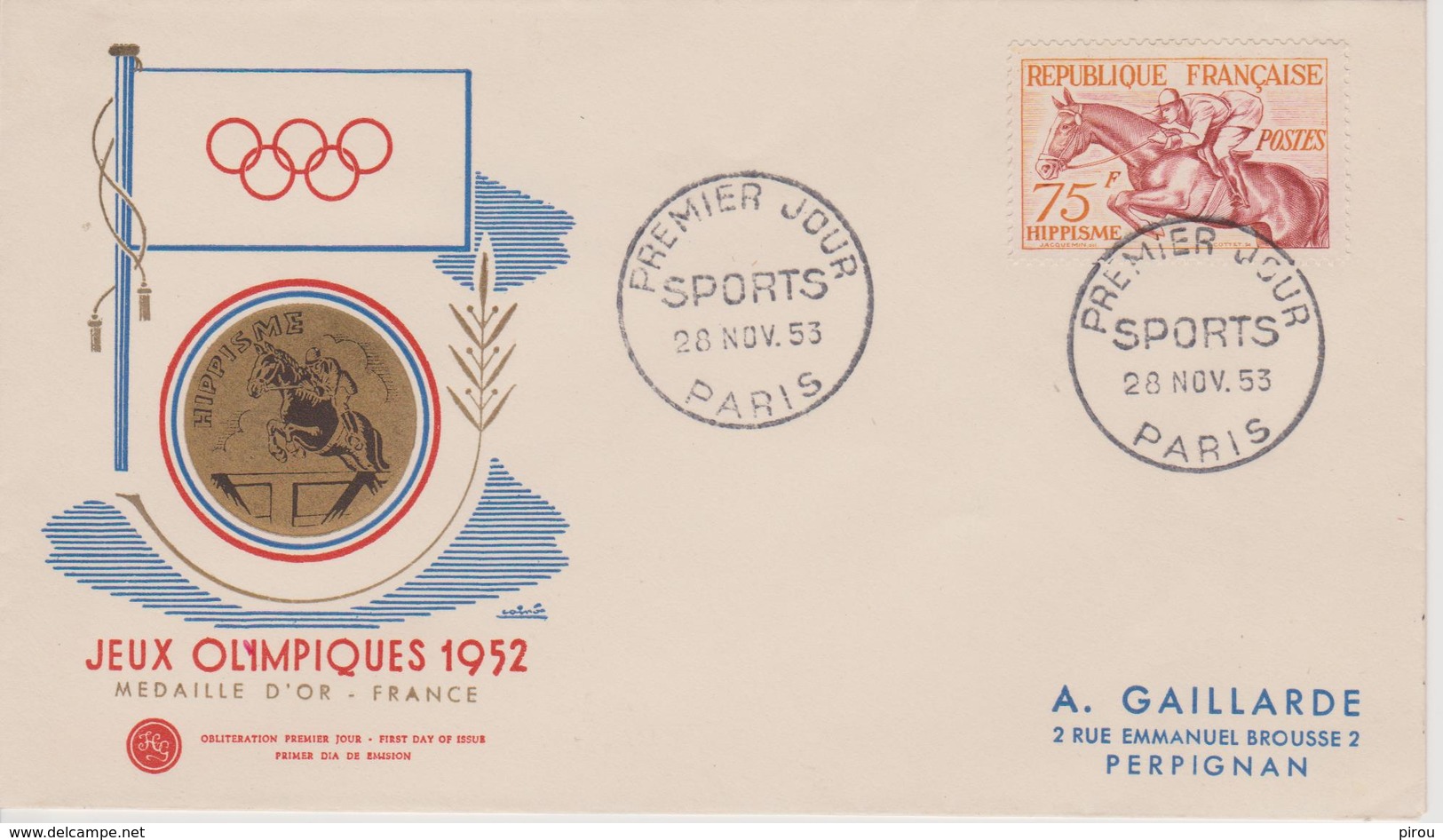 FDC FRANCE JEUX OLYMPIQUES D'HELSINKI 1952 EQUITATION - Ete 1952: Helsinki