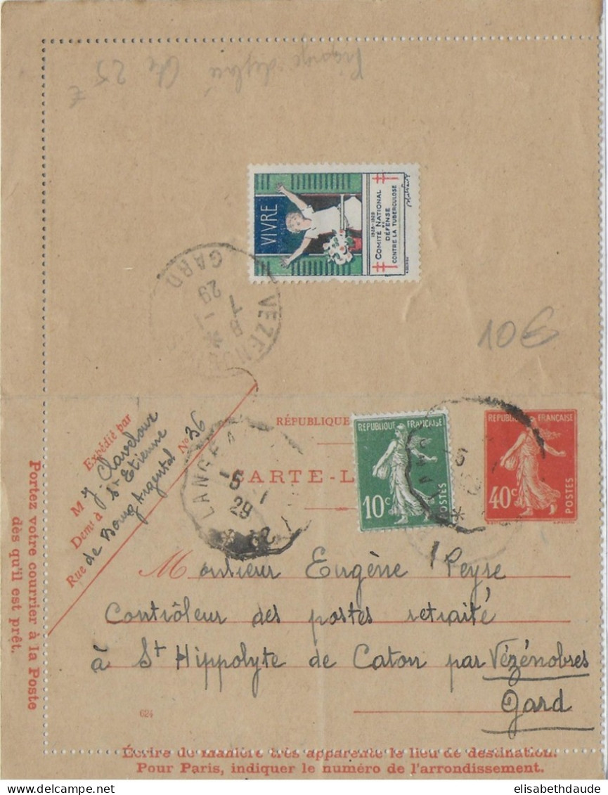 1929 - VIGNETTE TUBERCULOSE Sur CARTE-LETTRE ENTIER SEMEUSE De BOURG ARGENTAL Avec AMBULANT => ST HIPPOLYTE De CATON - Letter Cards