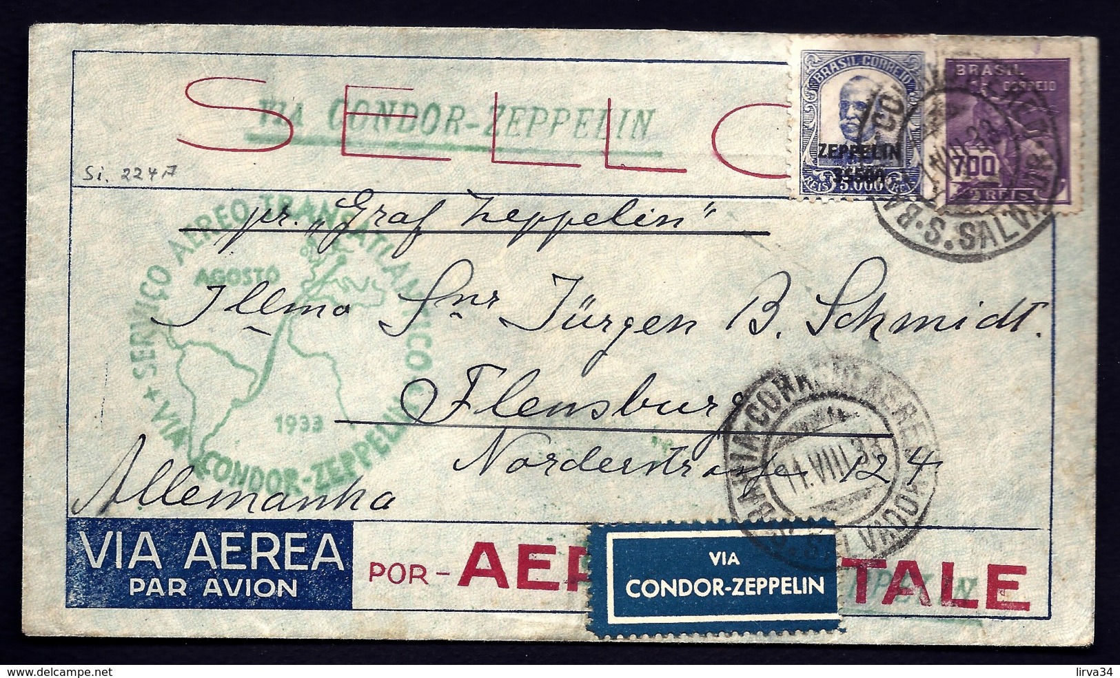 POSTE AÉRIENNE PAR GRAF ZEPPELIN VIA CONDOR 1933- 4 Eme VOYAGE RETOUR BRESIL LE 11-8-33- 2 SCANS - Luchtpost & Zeppelin