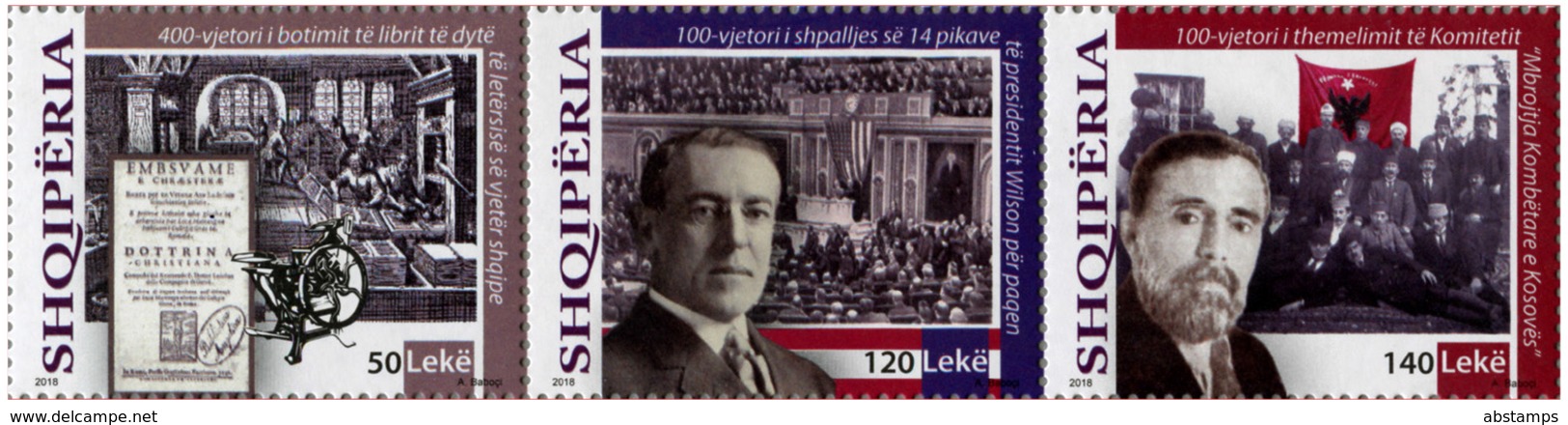 Albania Stamps 2018. Historic Events: Literature; Wilson USA; Kosovo. Set MNH - Albania