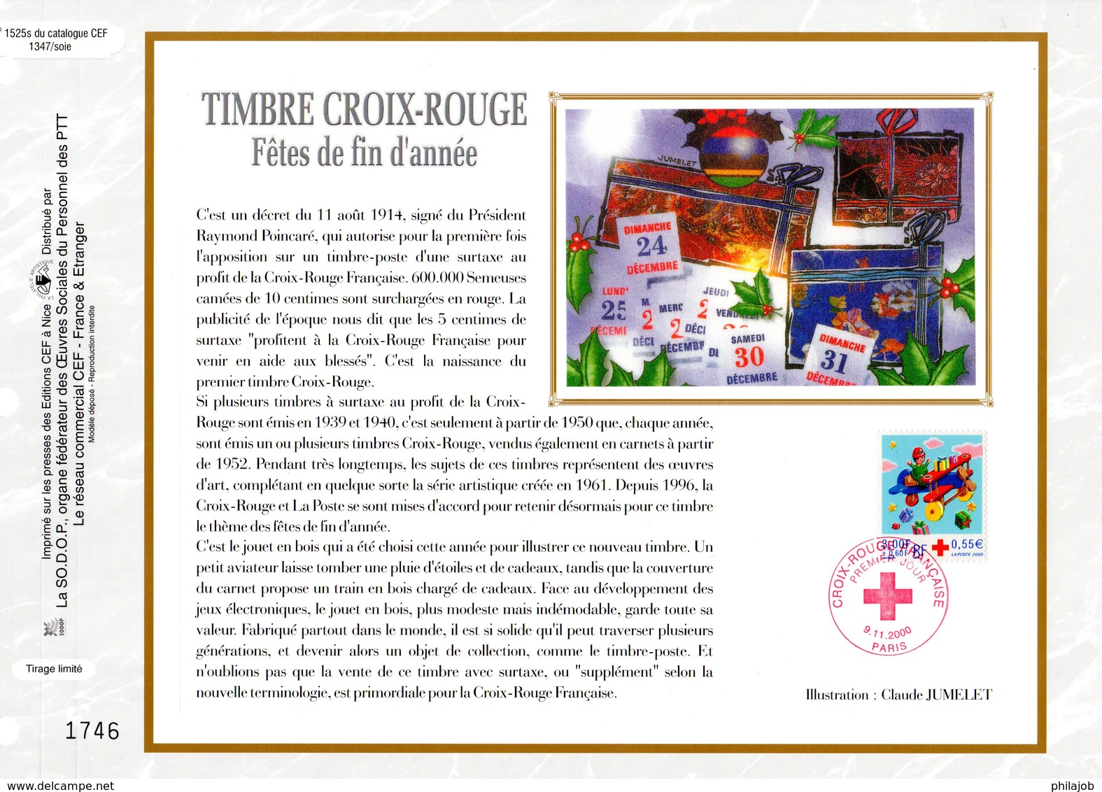 " CROIX-ROUGE 2000 :  AVION EN BOIS AVEC PILOTE ..." Sur Feuillet CEF N°té En SOIE N° 1525s N° YT 3362 Parfait état FDC - Croix-Rouge