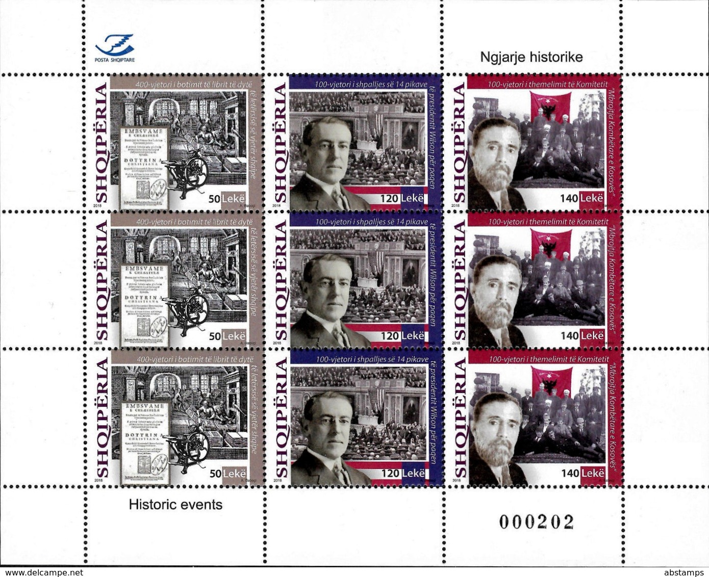 Albania Stamps 2018. Historic Events: Literature; Wilson USA; Kosovo. Sheet MNH - Albanië