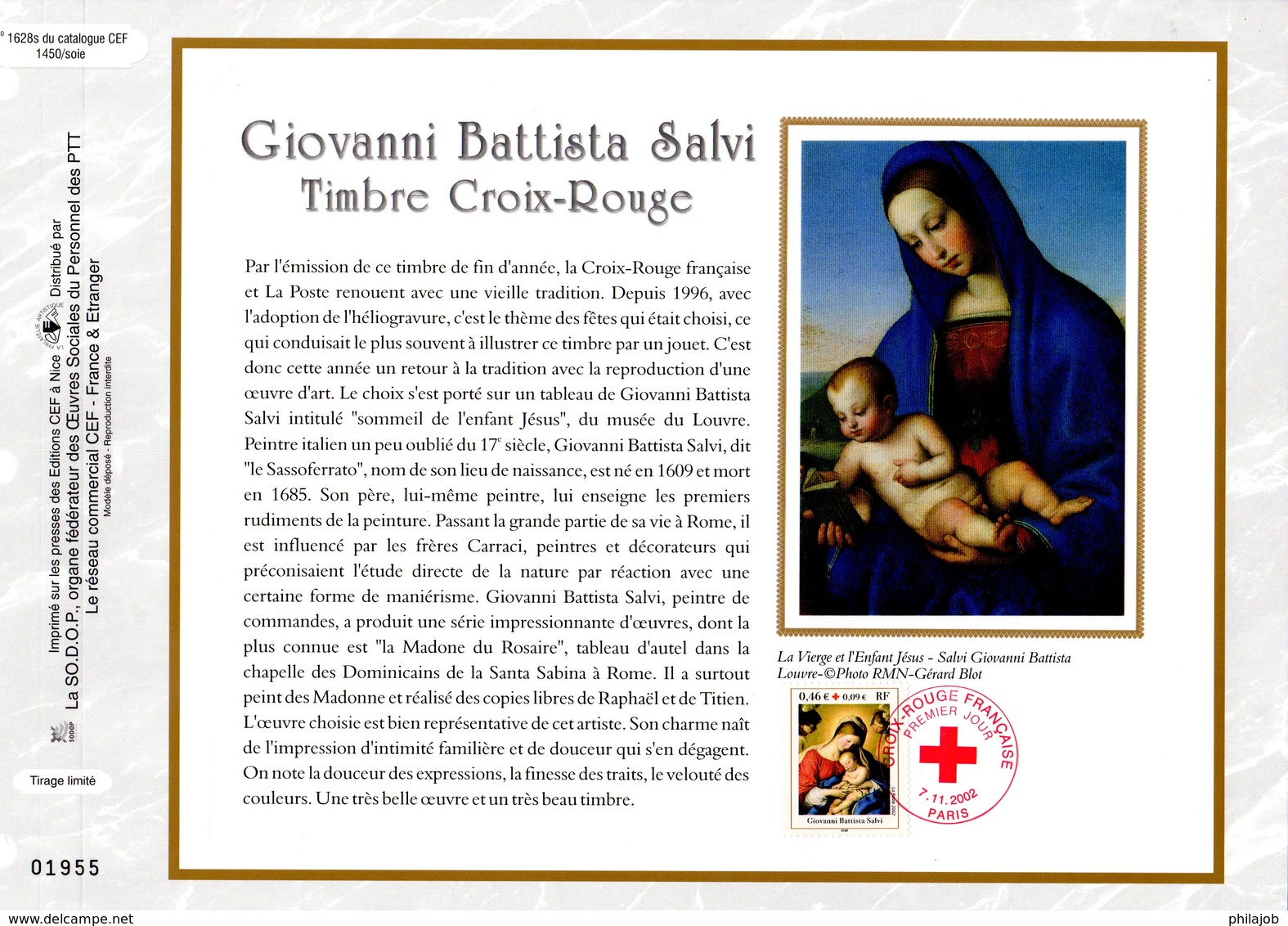 " CROIX-ROUGE 2002 :  LE SOMMEIL DE L'ENFANT JESUS " Sur Feuillet CEF N°té En SOIE N° 1628s N° YT 3531 Parfait état FDC - Croix-Rouge