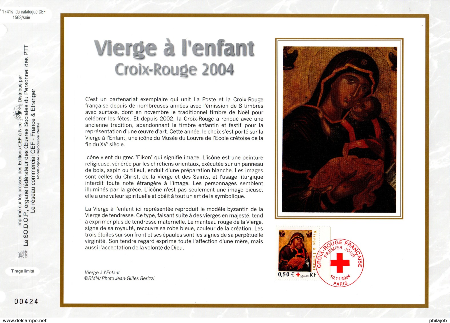 " CROIX-ROUGE 2004 :  LA VIERGE A L'ENFANT " Sur Feuillet CEF N°té En SOIE N° 1741s N° YT 3717 Parfait état FDC - Croix-Rouge