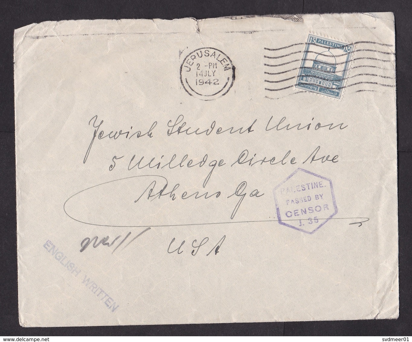 Palestine: Cover To USA, 1942, 1 Stamp, Censored, Censor Mark, From Hospital Jerusalem (damaged, See Scan) - Palestina