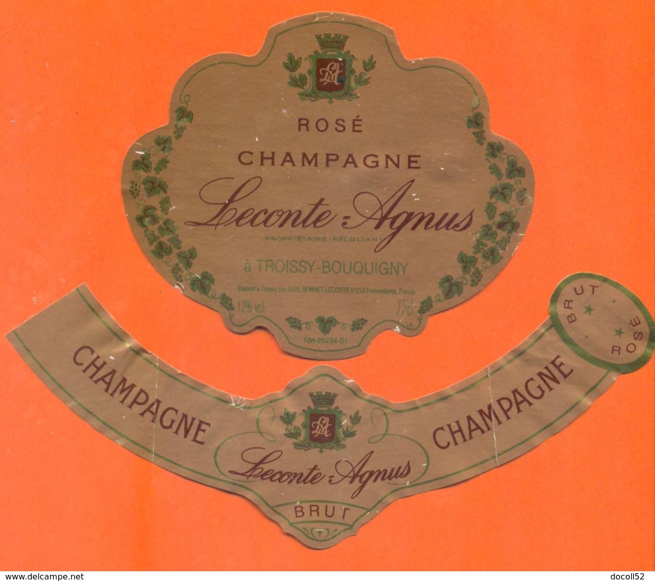 étiquette + Collerette De Champagne Brut Rosé Leconte Agnus à Troissy Bouquigny - 75 Cl - Champagne