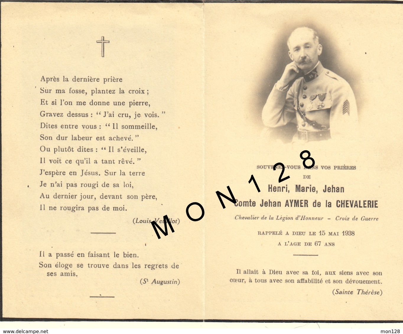 FAIRE PART DECES 15/5/1938 DE HENRI MARIE JEHAN COMTE JEHAN AYMER DE LA CHEVALERIE LEGION D'HONNEUR CROIX DE GUERRE - Décès