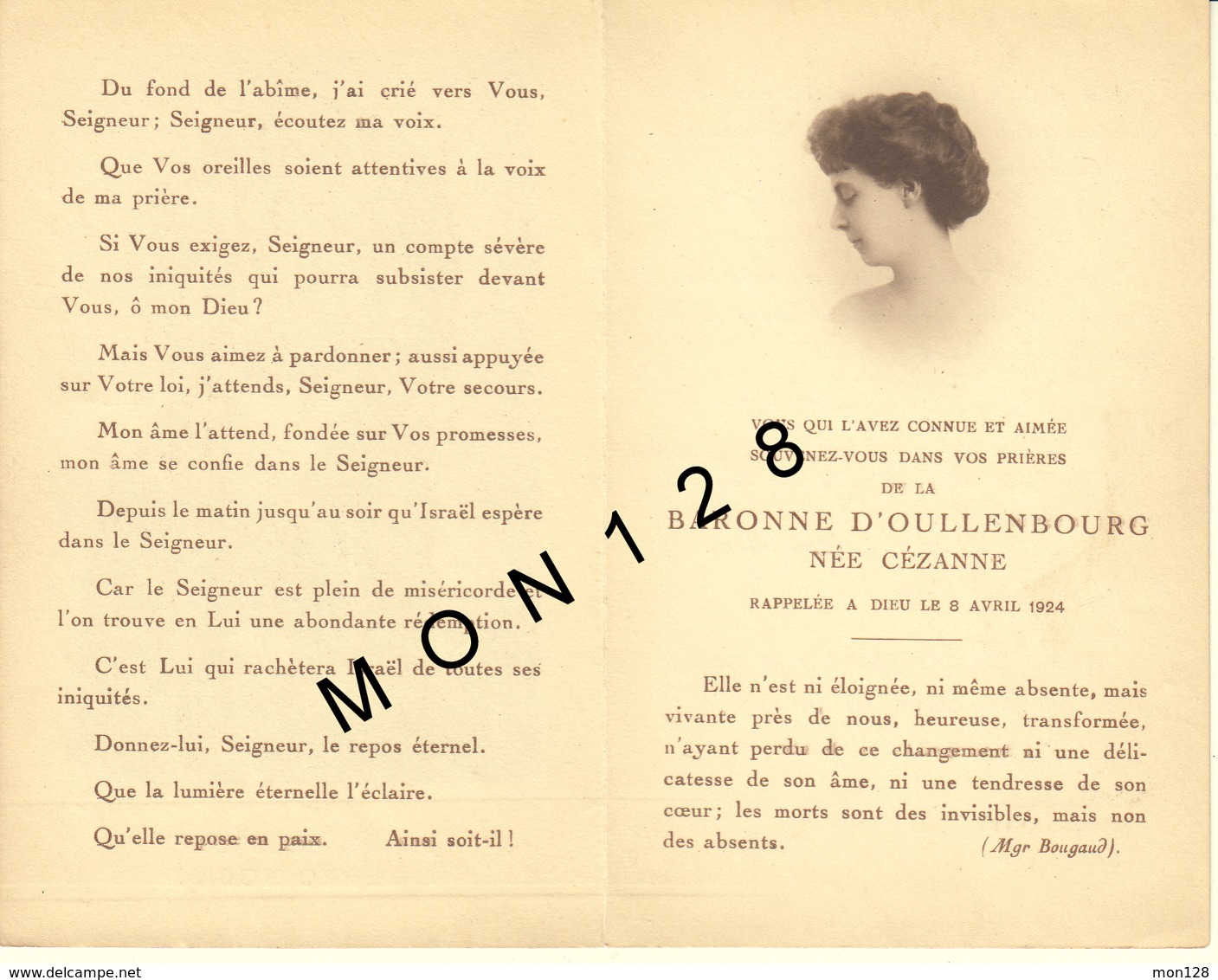 FAIRE PART DECES 8/04/1924 DE LA BARONNE D'OULLENBOURG NEE CEZANNE - Décès