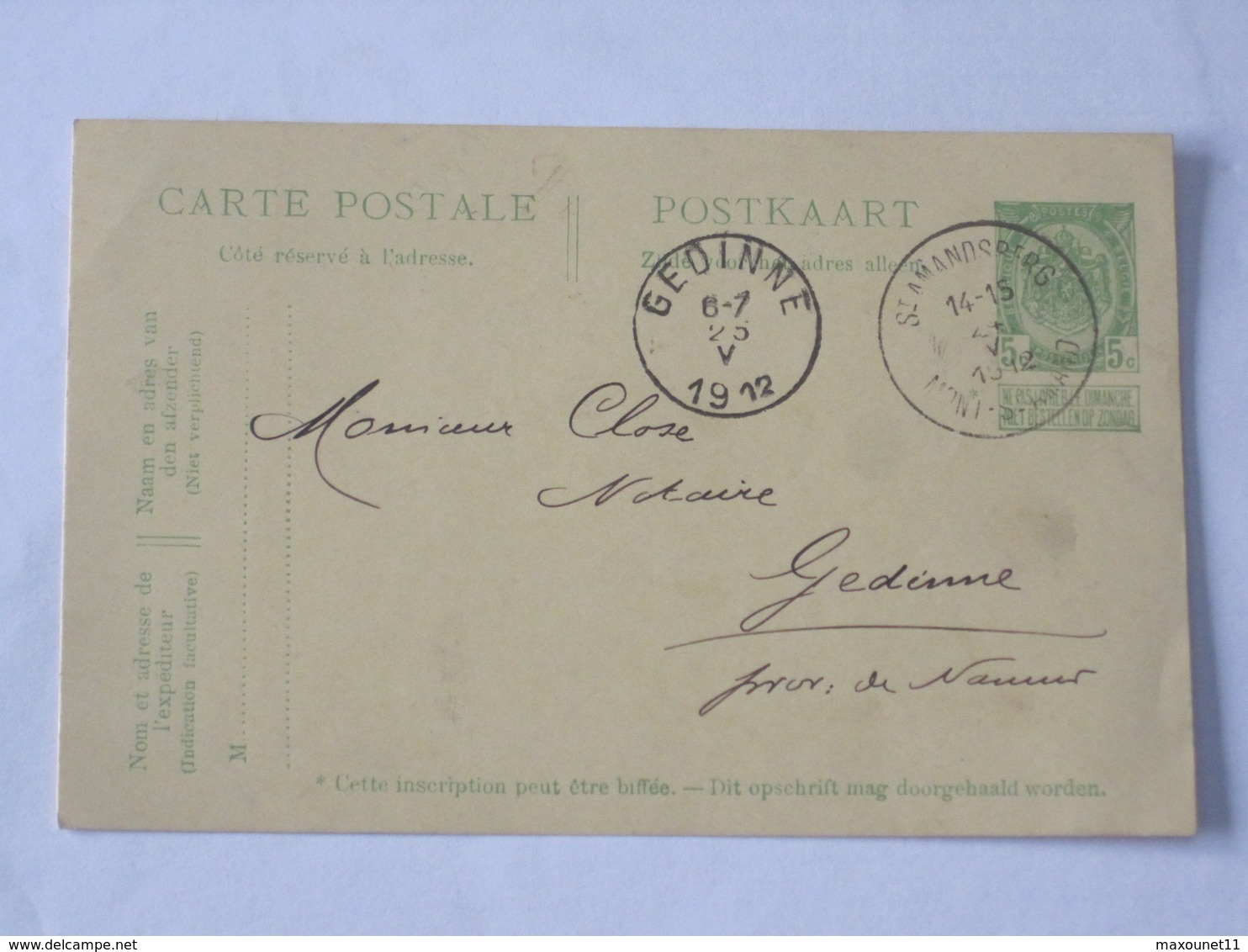 Entier Postal Envoyé De St Amandsberg - Mont St Amand Vers Gedinne Le 25-05-1912 .... Lot7. - Cartes Postales 1909-1934